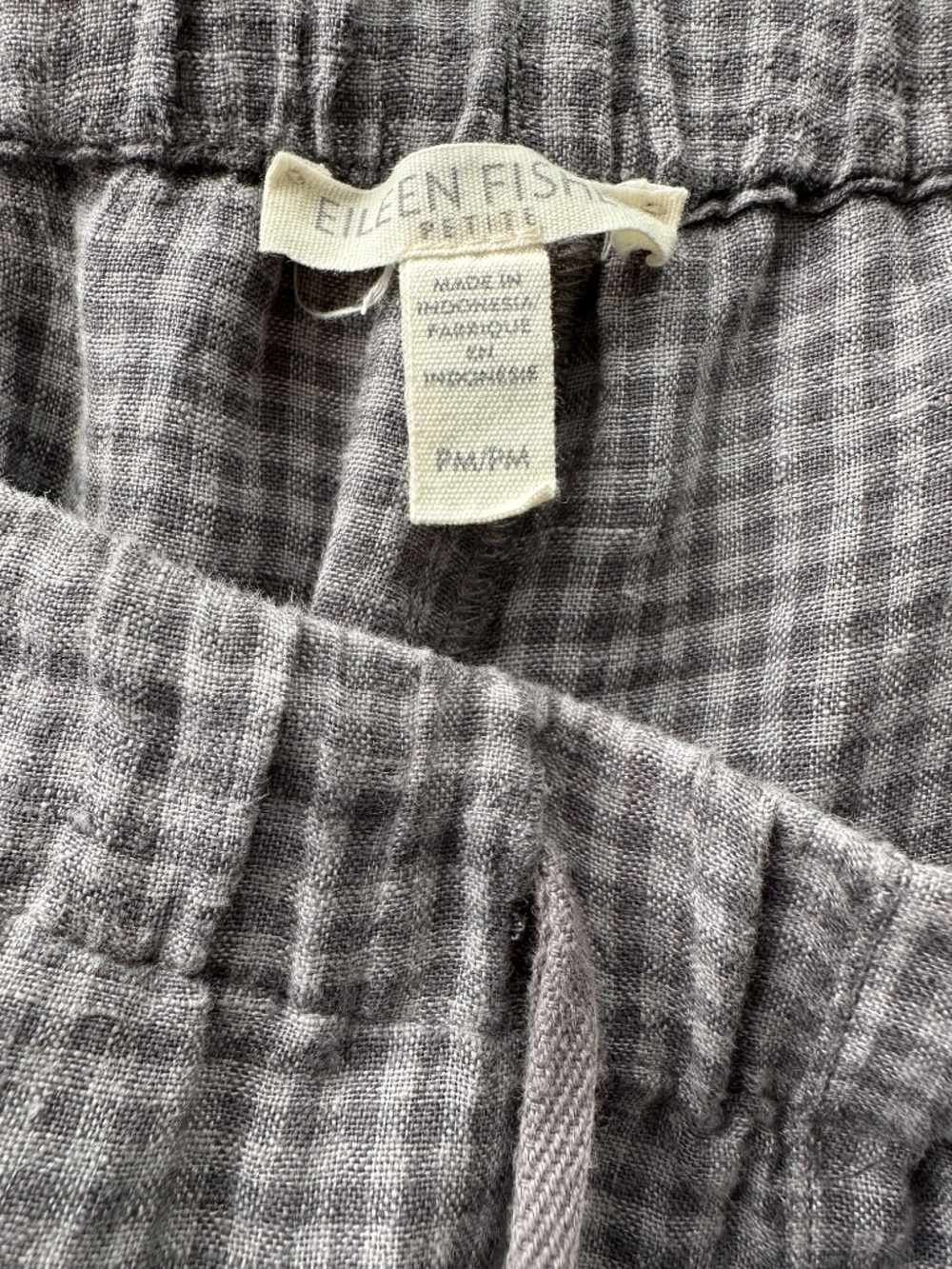 Eileen Fisher Puckered Organic Checked Linen Drawstring Easy Fit, Ankle Pant MP - Picture 3 of 5